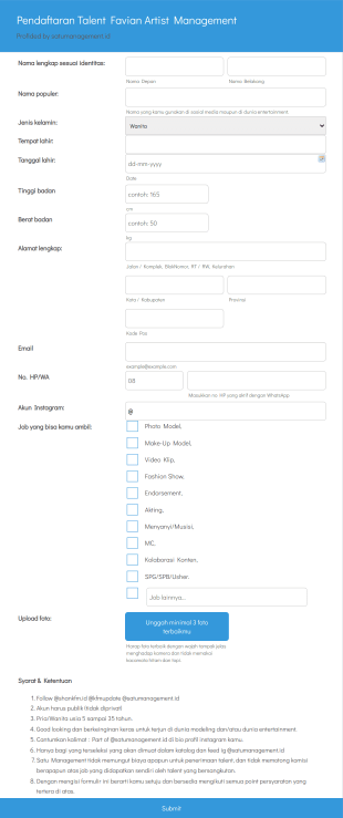 Pendaftaran Talent Favian Artist Management Form Template