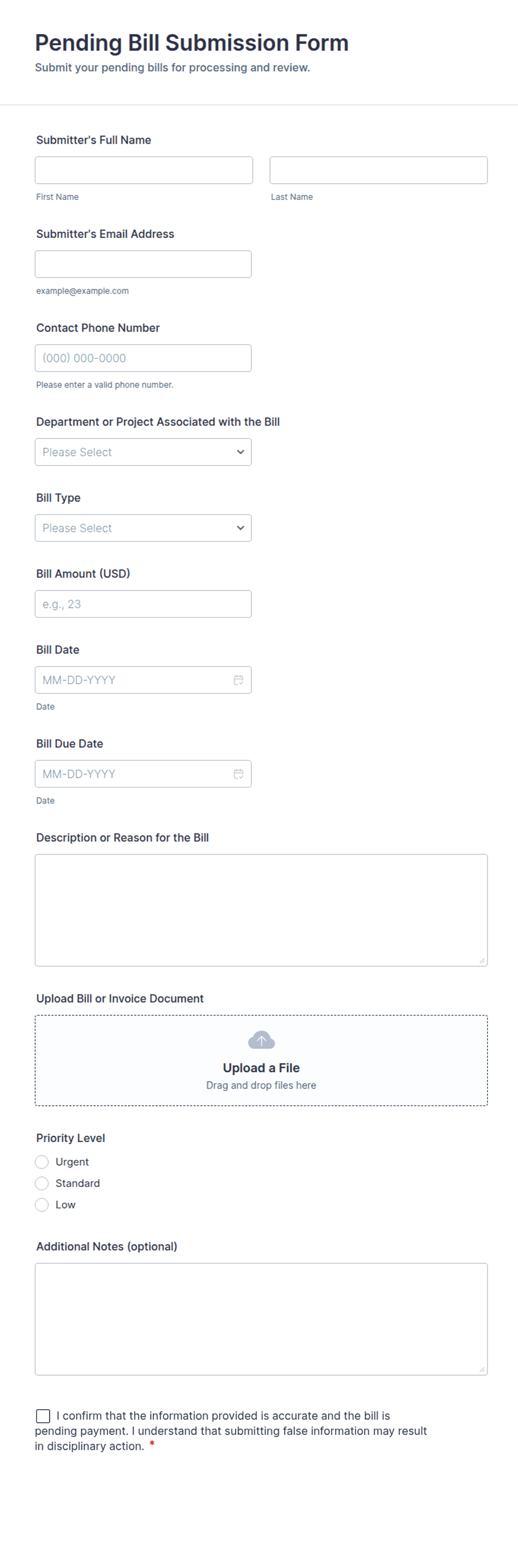 Pending Bill Submission Form Template | Jotform