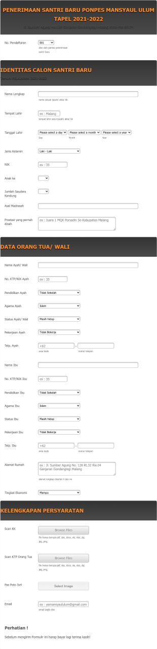 Penerimaan Santri Baru Ponpes Mansyaul Ulum Tapel 2021/2022