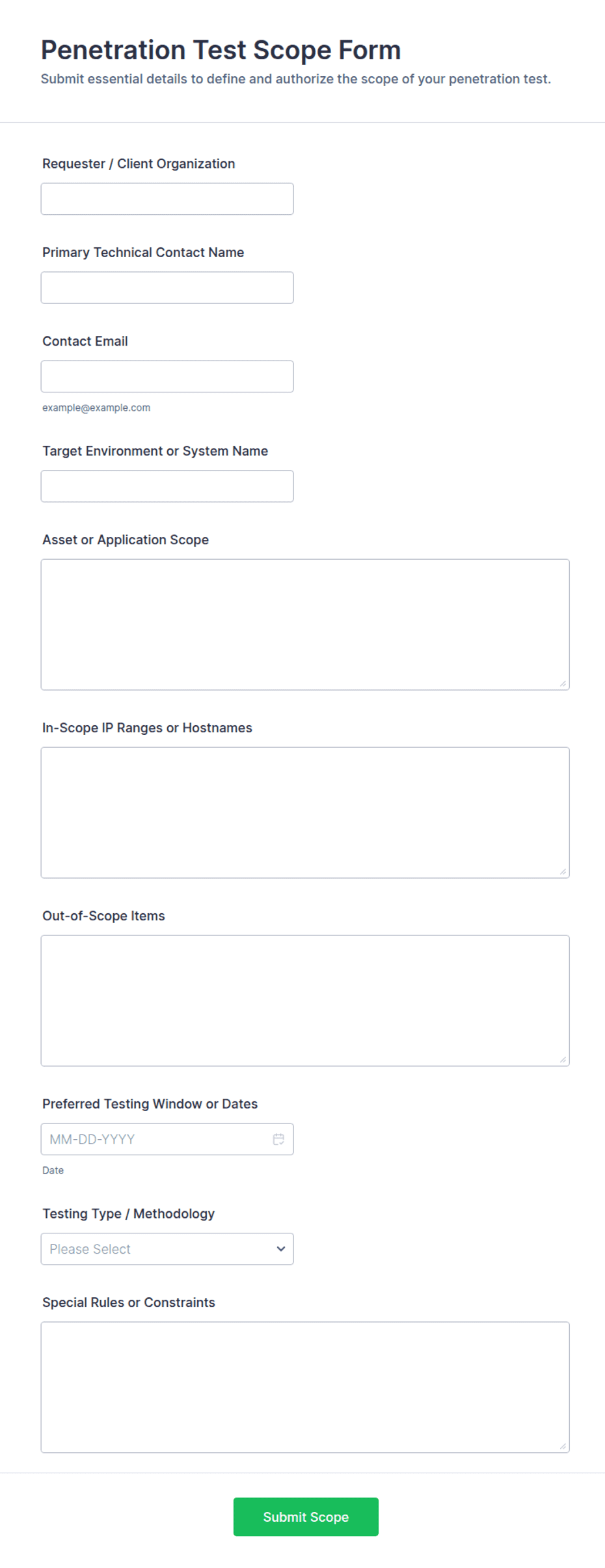 Penetration Test Scope Form Template | Jotform