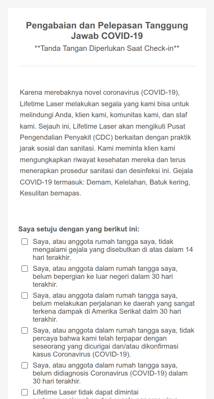 Pengabaian dan Pelepasan Tanggung Jawab Salon Laser untuk COVID 19