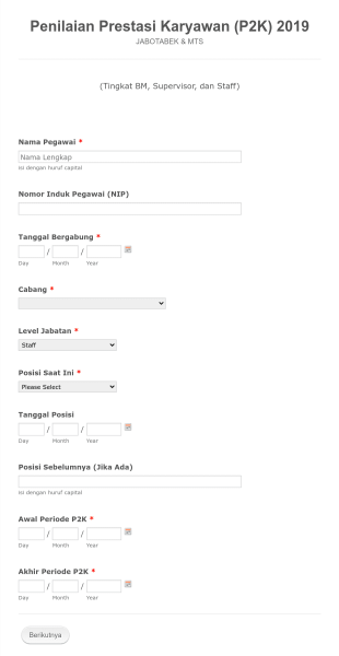 Penilaian Prestasi Karyawan (P2K) 2019 Jabotabek & MTS Form Template