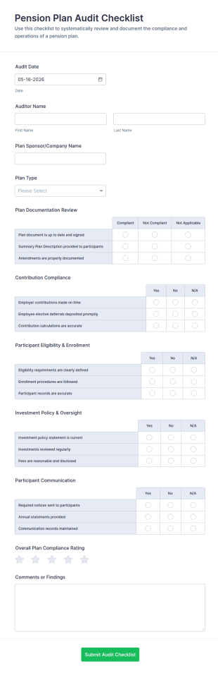 Pension Plan Audit Checklist Form Template