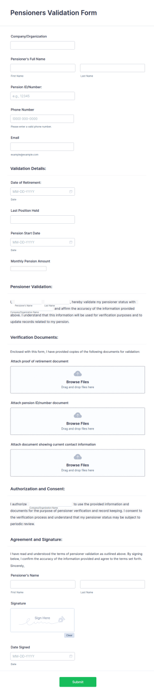 Pensioners Validation Form Template
