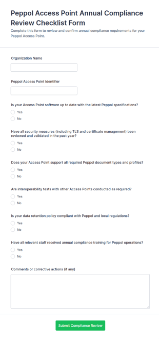 Peppol Access Point Annual Compliance Review Checklist Form Template