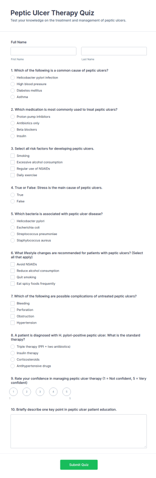 Peptic Ulcer Therapy Quiz Form Template