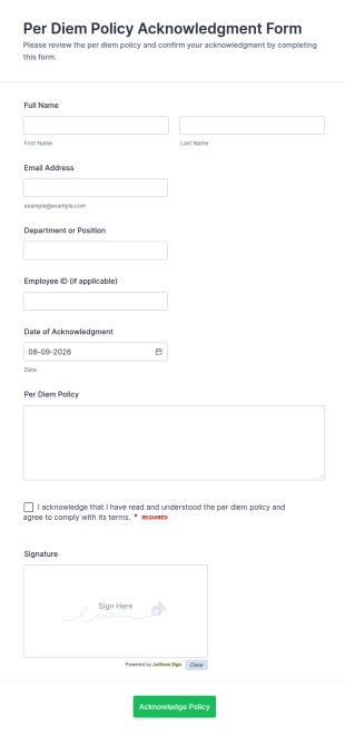 Per Diem Policy Acknowledgment Form Template