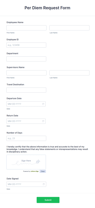 Per Diem Request Form Template