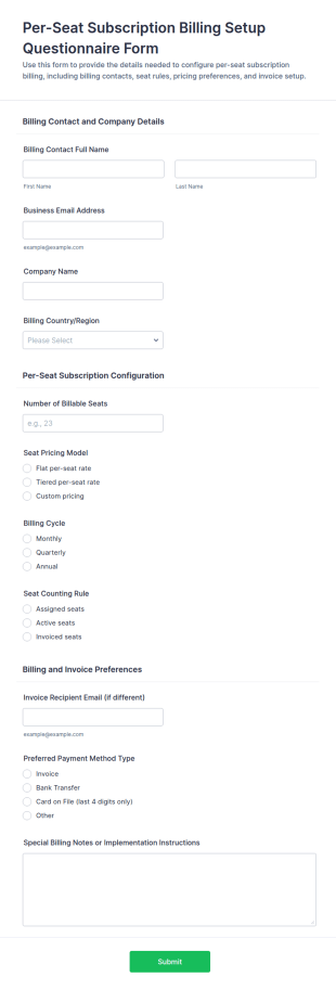 Per Seat Subscription Billing Setup Questionnaire Form Template