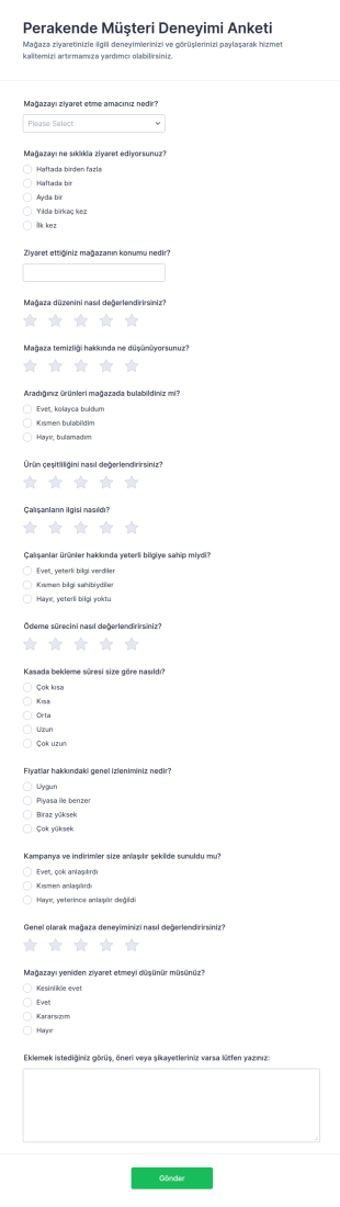 Perakende Müşteri Deneyimi Değerlendirme Anketi Form Şablonu
