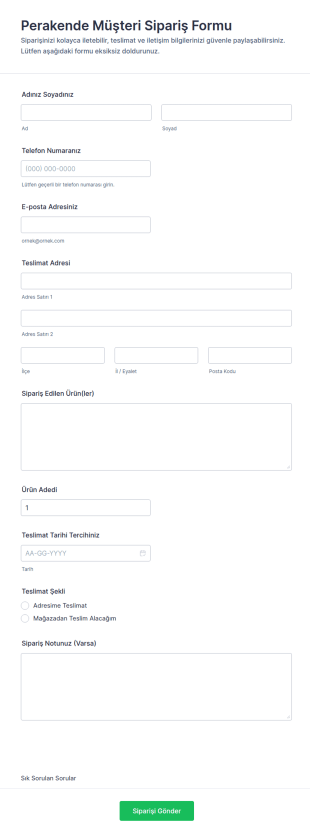Perakende Müşteri Sipariş Form Şablonu