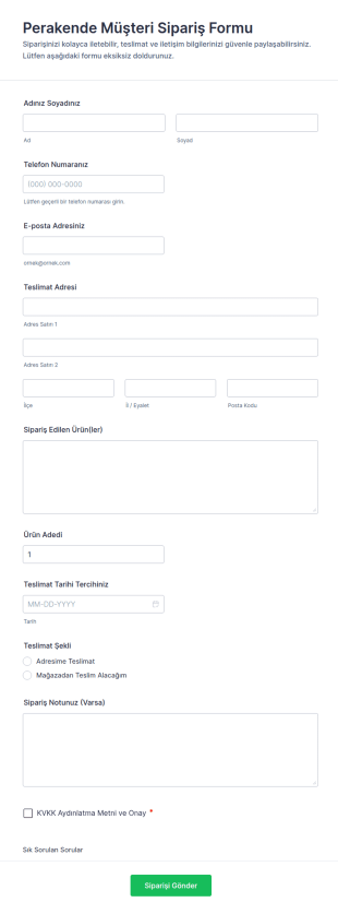 Perakende Müşteri Sipariş Form Şablonu