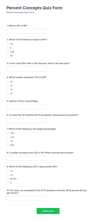 Percent Concepts Quiz Form Template
