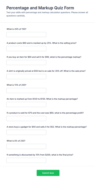 Percentage And Markup Quiz Form Template