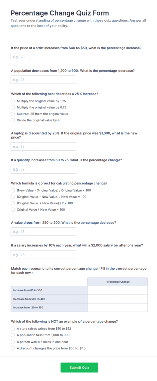 Percentage Change Quiz Form Template