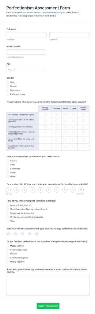 Perfectionism Assessment Form Template
