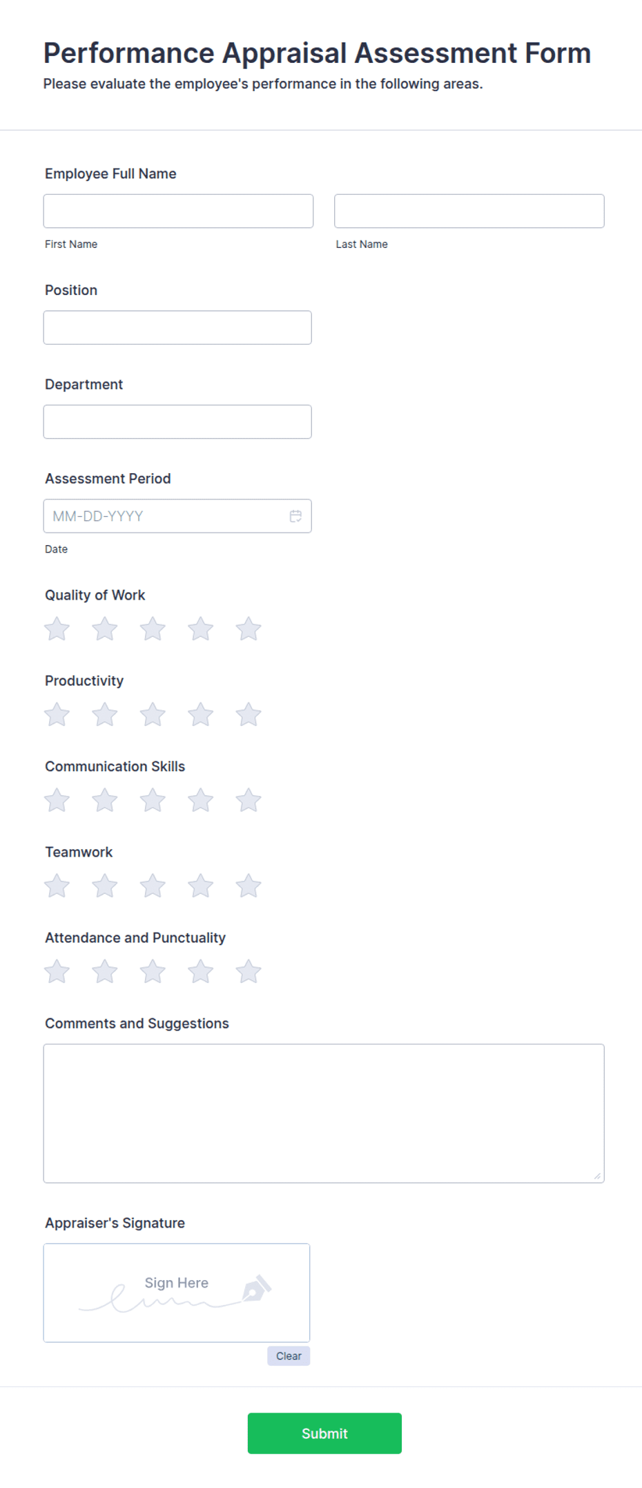 Assessing Project Performance Form Performance Appraisal Assessment Form Template | Jotform