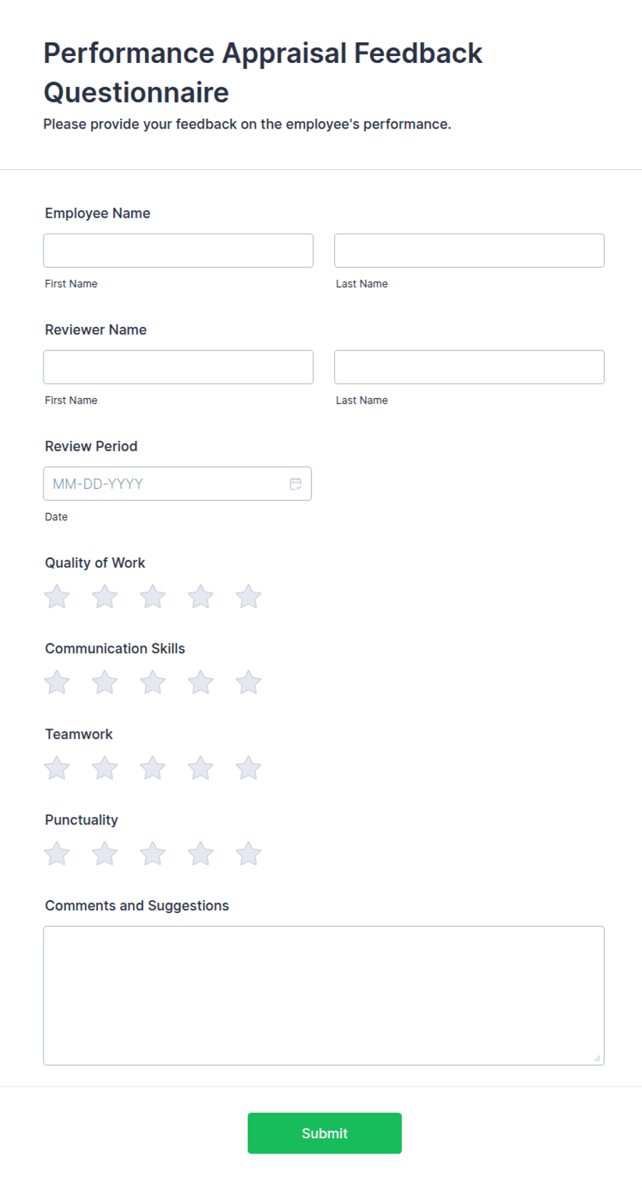 Performance Appraisal Feedback Questionnaire Form Template | Jotform