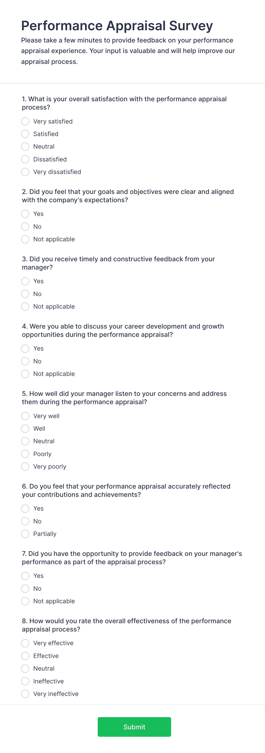 Questionnaire For Performance Appraisal 30+ Free Performance Review