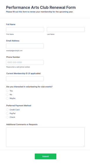 Performance Arts Club Renewal Form Template