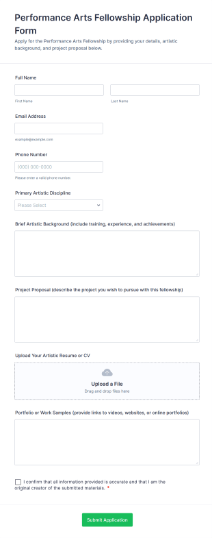 Performance Arts Fellowship Application Form Form Template
