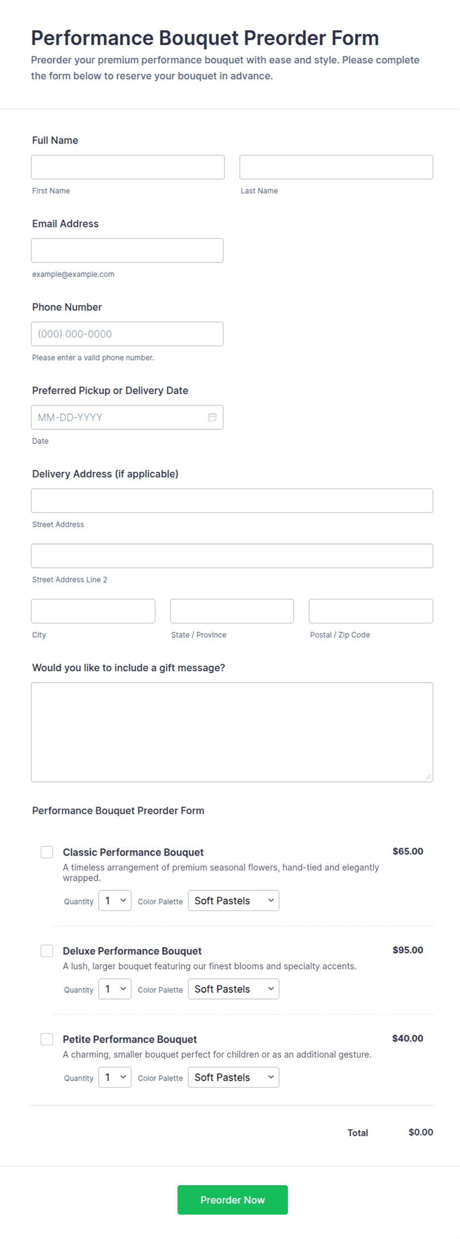 Performance Bouquet Preorder Form Template | Jotform