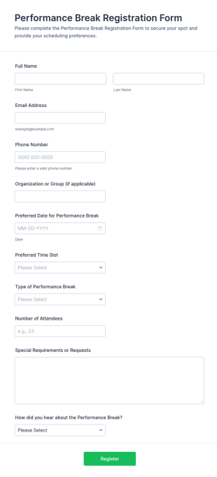 Performance Break Registration Form Template