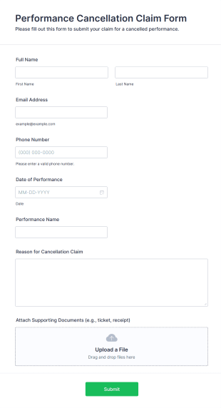 Performance Cancellation Claim Form Form Template