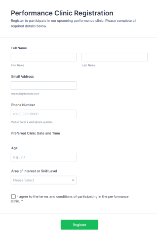 Performance Clinic Registration Form Template