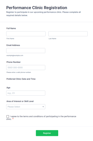 Performance Clinic Registration Form Template