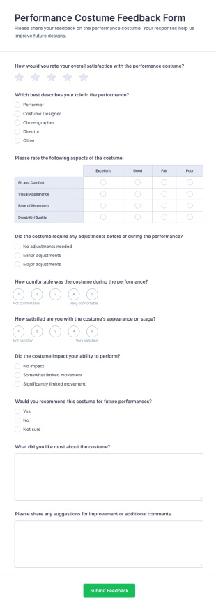 Performance Costume Feedback Form Template