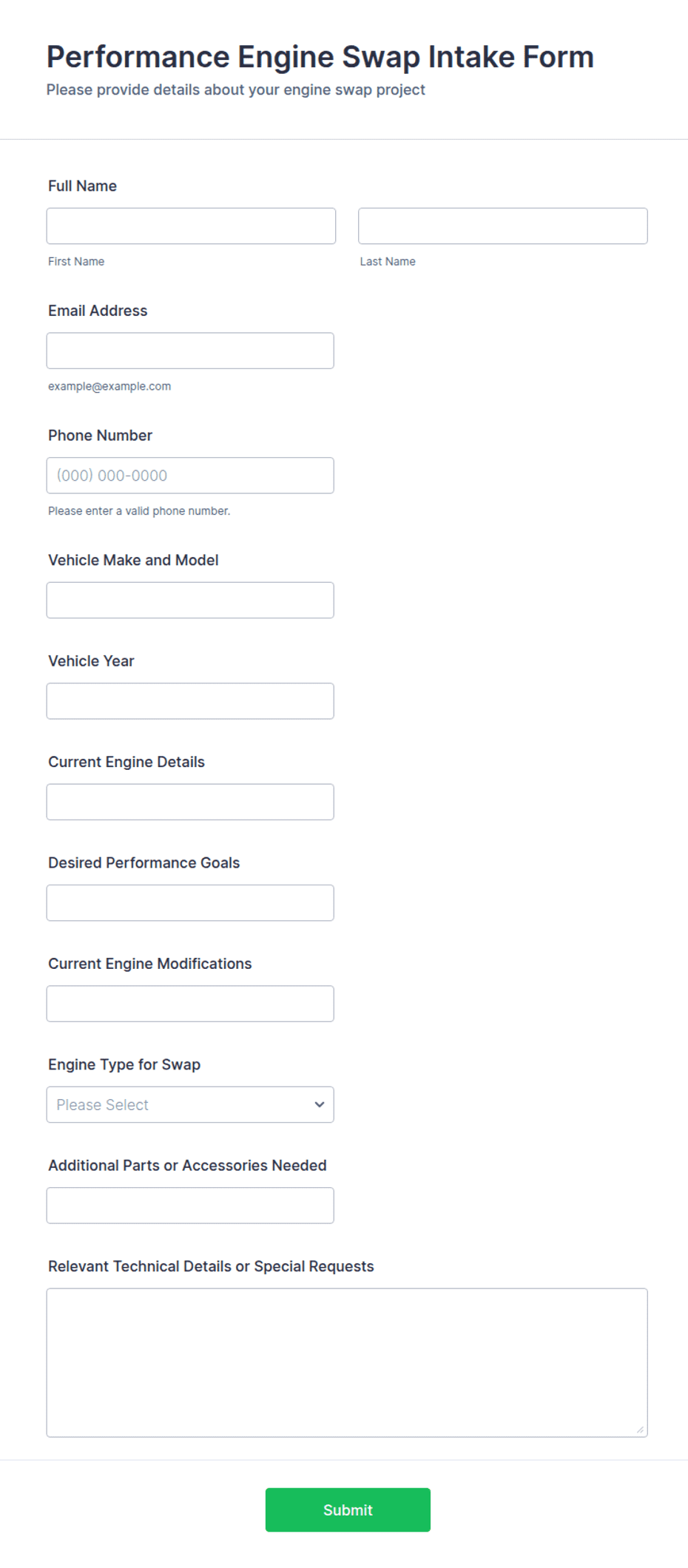 Performance Engine Swap Intake Form Template | Jotform