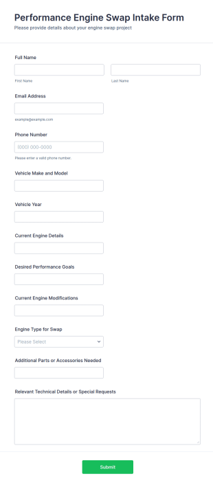 Performance Engine Swap Intake Form Template