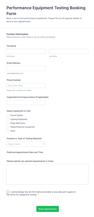 Performance Equipment Testing Booking Form Template