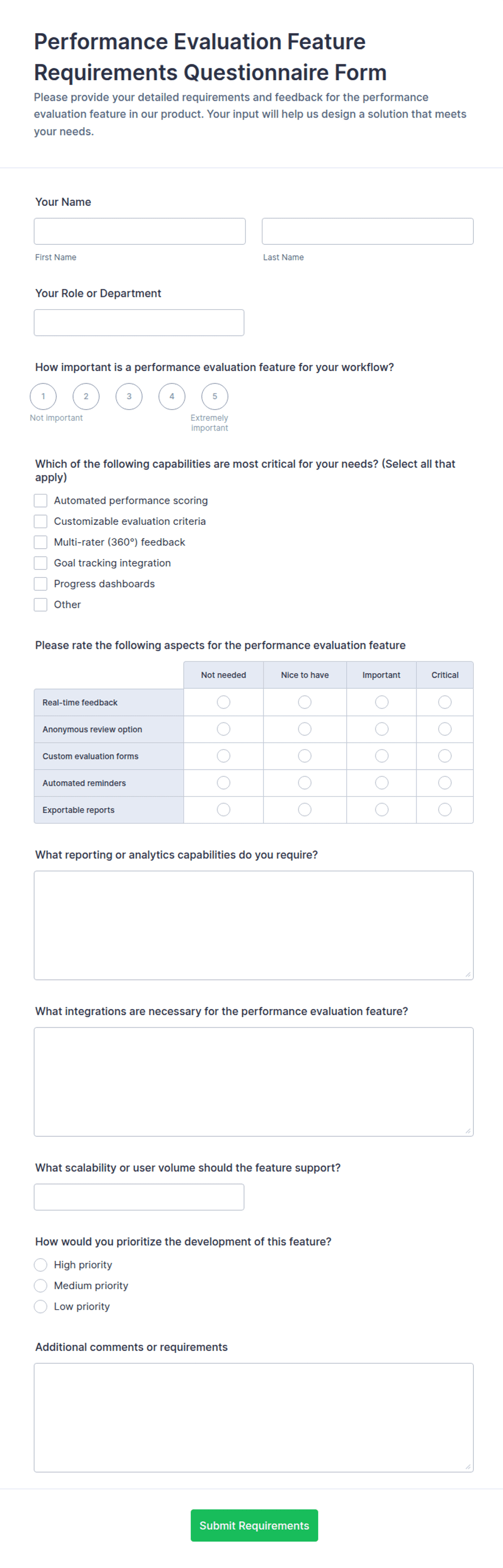 Performance Questionnaire Sample Performance Evaluation Feature Requirements Questionnaire Form Template ...