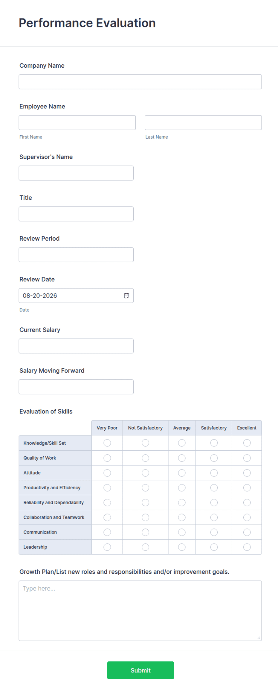 Performance Form Performance Evaluation Form Template | Jotform