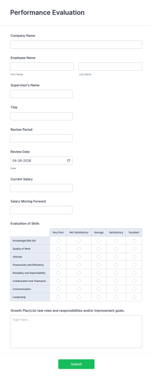 Performance Evaluation Form Template