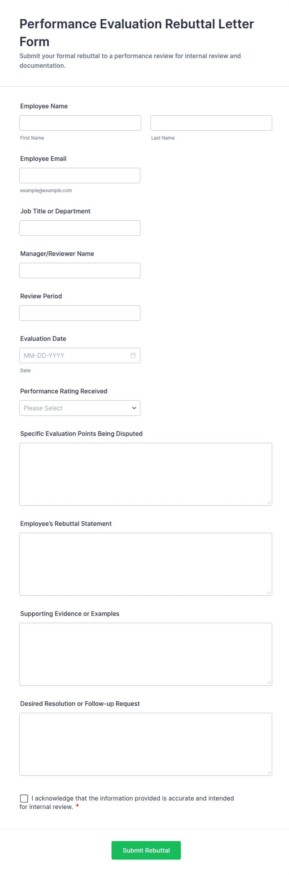 Performance Evaluation Rebuttal Letter Form Template | Jotform