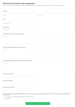 Performance Growth Sales Application Form Template