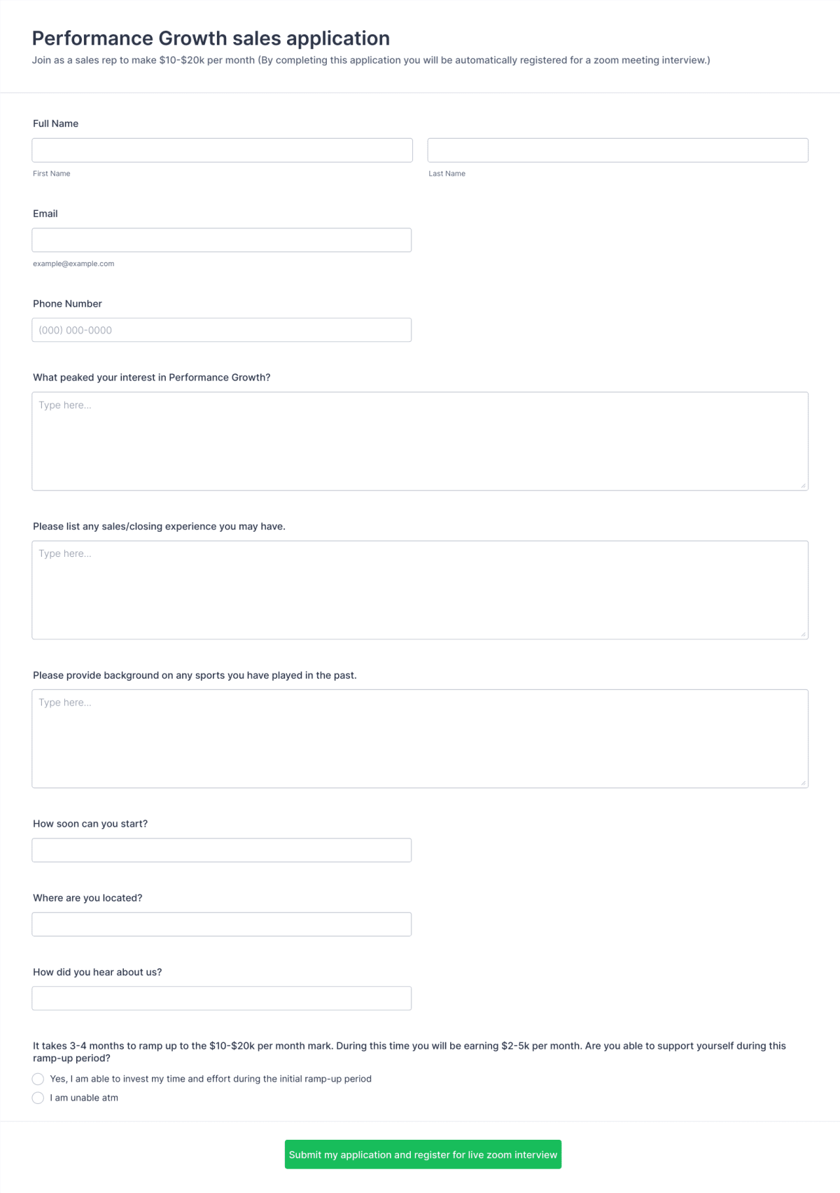 Performance Growth Sales Application Form Template | Jotform