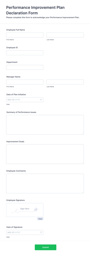 Performance Improvement Plan Declaration Form Template