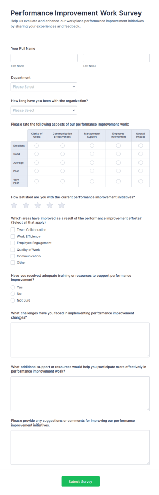 Performance Improvement Work Survey Form Template