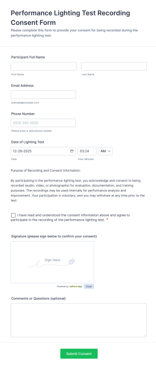 Performance Lighting Test Recording Consent Form Template