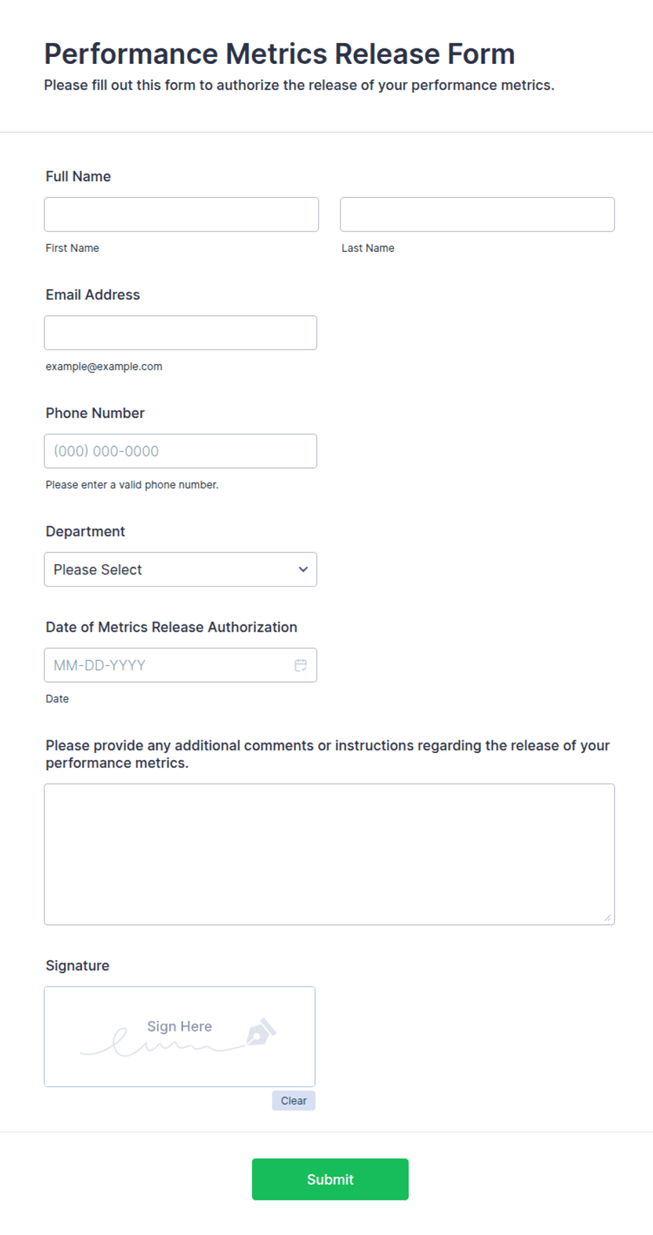 Performance Metrics Release Form Template | Jotform