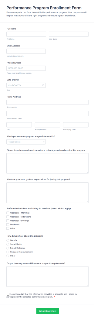 Performance Program Enrollment Form Template