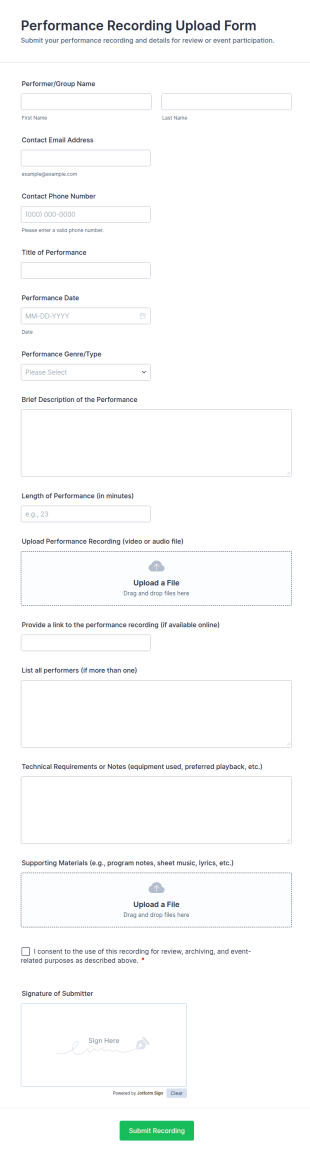 Performance Recording Upload Form Template