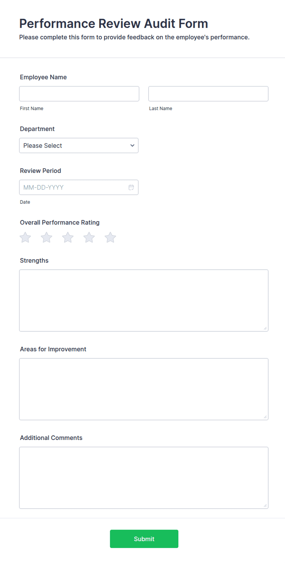 Example Audit Feedback Form Performance Review Audit Form Template | Jotform