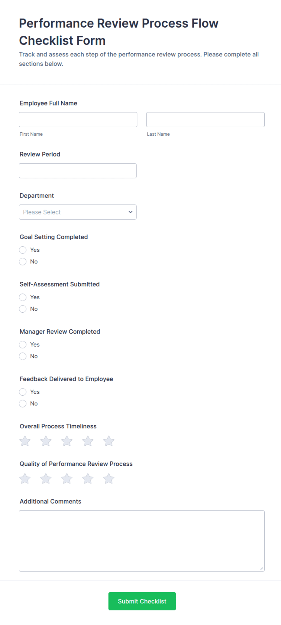 Performance Review Process Flow Checklist Form Template | Jotform