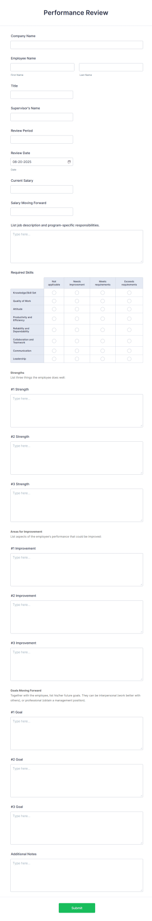 Performance Review Form Template