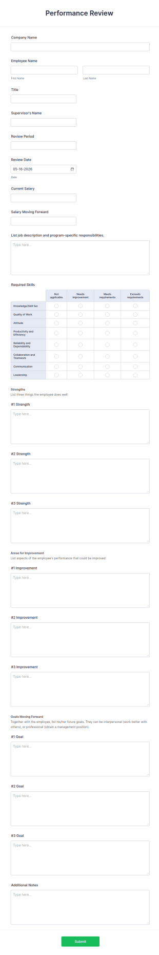 Performance Review Form Template